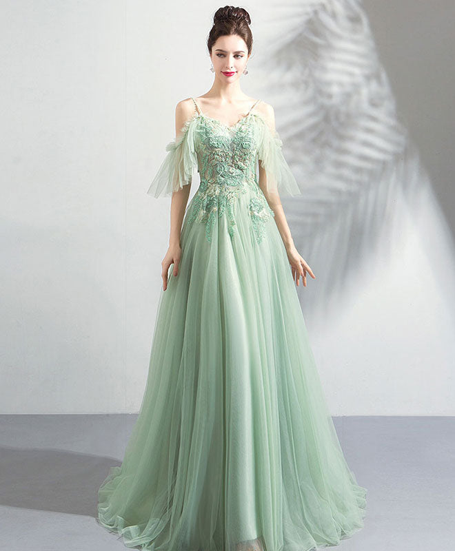 A-Line Off-the-Shoulder Spaghetti Straps Floor-Length Mint Green Tulle & Lace Prom Dress with Appliqué Bodice