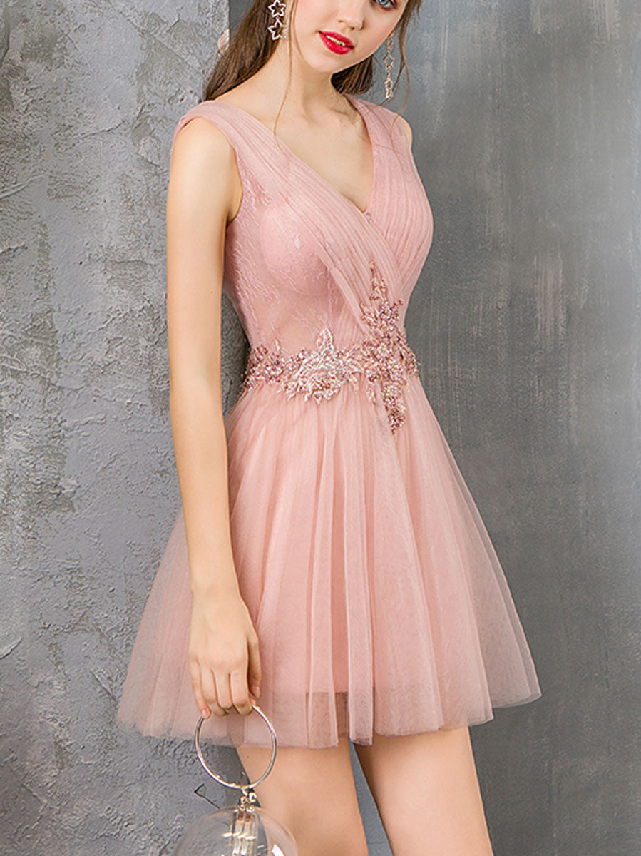 A-Line V-Neck Knee-Length Blush Tulle Homecoming Dress with Beaded Lace Bodice
