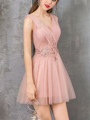 A-Line V-Neck Knee-Length Blush Tulle Homecoming Dress with Beaded Lace Bodice