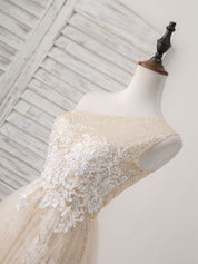 A-Line One-Shoulder Floor-Length Tulle & Lace Prom Dress with Floral Appliqué Bodice