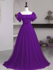 A-Line Off-the-Shoulder Floor-Length Tulle Ruffled Bodice Burgundy Prom Dress