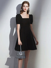 A-Line Square Neck Knee-Length Black Chiffon Homecoming Dress with Puff Sleeves