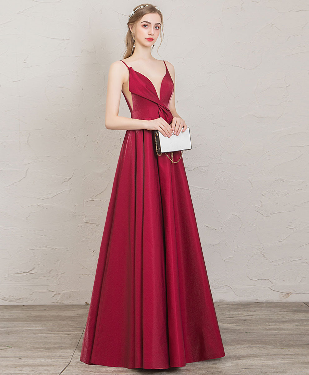 A-Line Burgundy V-Neck Floor-Length Satin Prom Dress with Draped Waist Detail