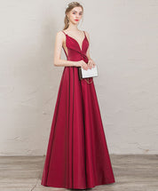 A-Line Burgundy V-Neck Floor-Length Satin Prom Dress with Draped Waist Detail