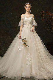 A-Line Illusion Off-the-Shoulder Floor-Length Tulle Lace Wedding Dress with Floral Appliqué