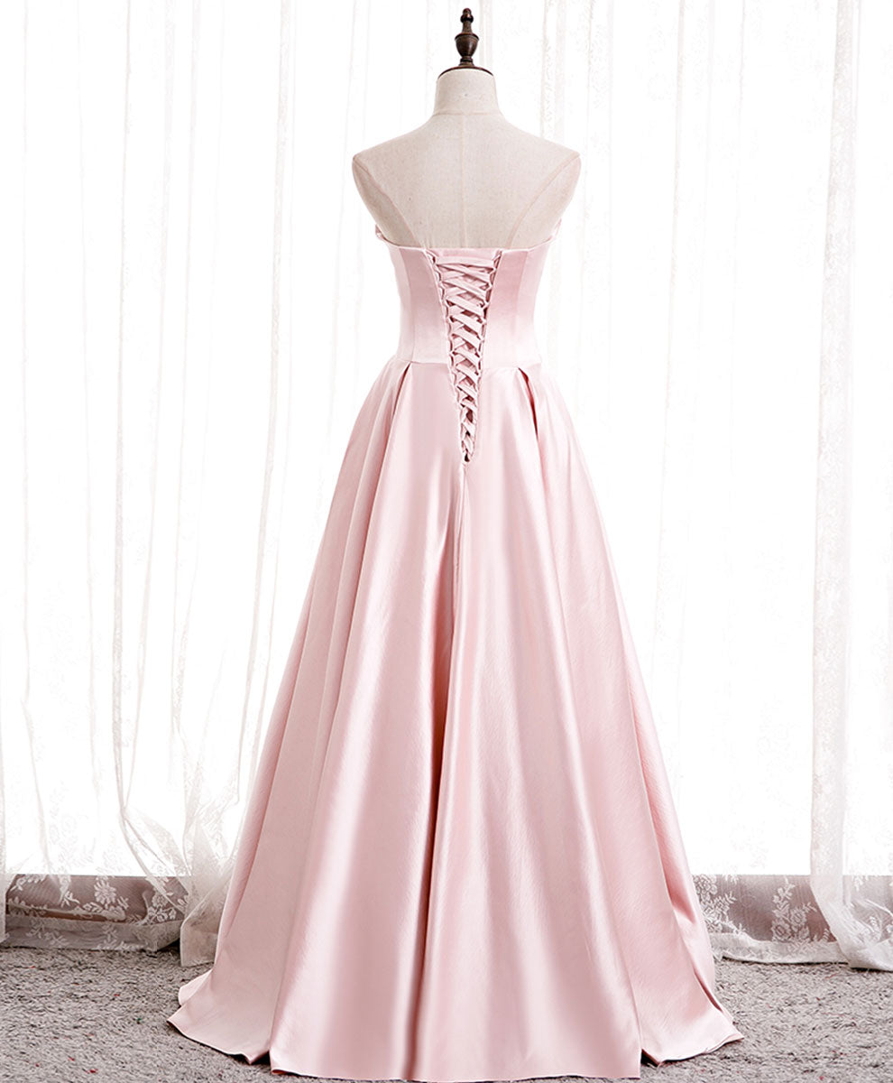 A-Line Strapless Floor-Length Blush Satin Prom Dress with Pleated Overlay and Pearl Tulle Slit