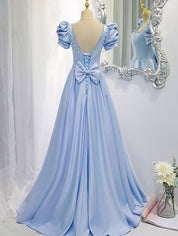 A-Line Square Neck Floor-Length Light Blue Satin Prom Dress with Puff Sleeves and Beaded Waist