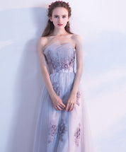 A-Line Sweetheart Strapless Floor-Length Light Blue Tulle Lace Appliqué Prom Dress