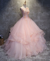 Ball Gown Scoop Neck Floor-Length Blush Tulle Prom Dress with 3D Floral Lace Appliqué