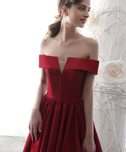 A-Line Off-the-Shoulder Tea-Length Red Satin Homecoming Dress with Pleated Skirt