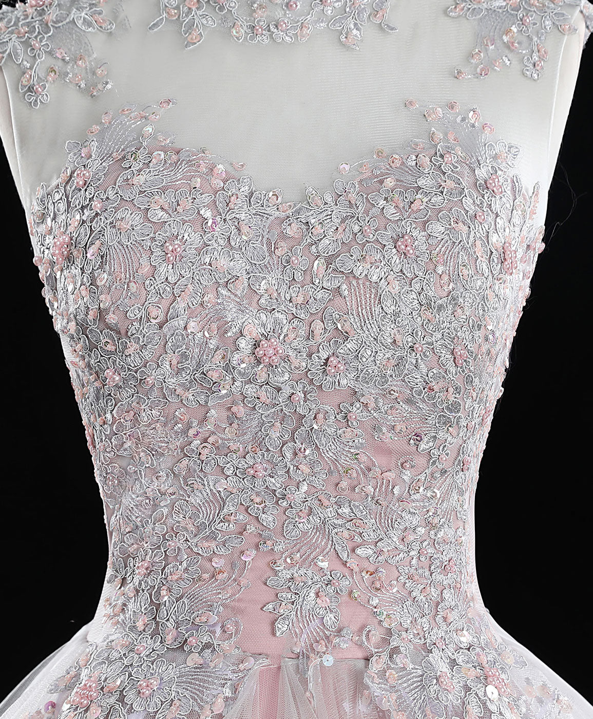 A-Line Blush Pink Illusion Neck Floor-Length Tulle Lace Prom Dress with Tiered Ruffle Skirt