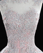 A-Line Blush Pink Illusion Neck Floor-Length Tulle Lace Prom Dress with Tiered Ruffle Skirt