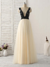 A-Line Deep V-Neck Floor-Length Tulle Prom Dress with Beaded Lace Bodice
