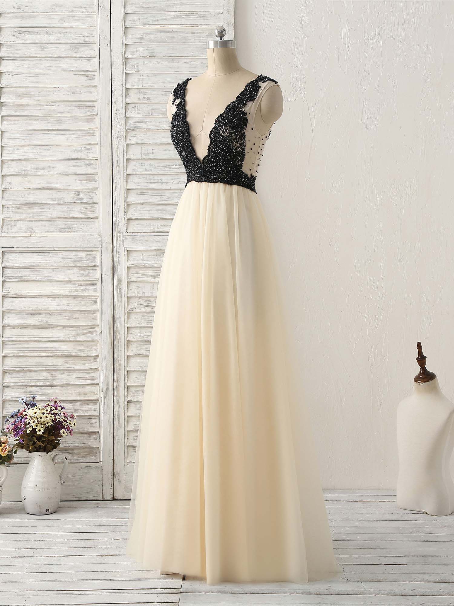 A-Line Deep V-Neck Floor-Length Tulle Prom Dress with Beaded Lace Bodice