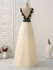 A-Line Deep V-Neck Floor-Length Tulle Prom Dress with Beaded Lace Bodice