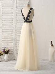 A-Line Deep V-Neck Floor-Length Tulle Prom Dress with Beaded Lace Bodice