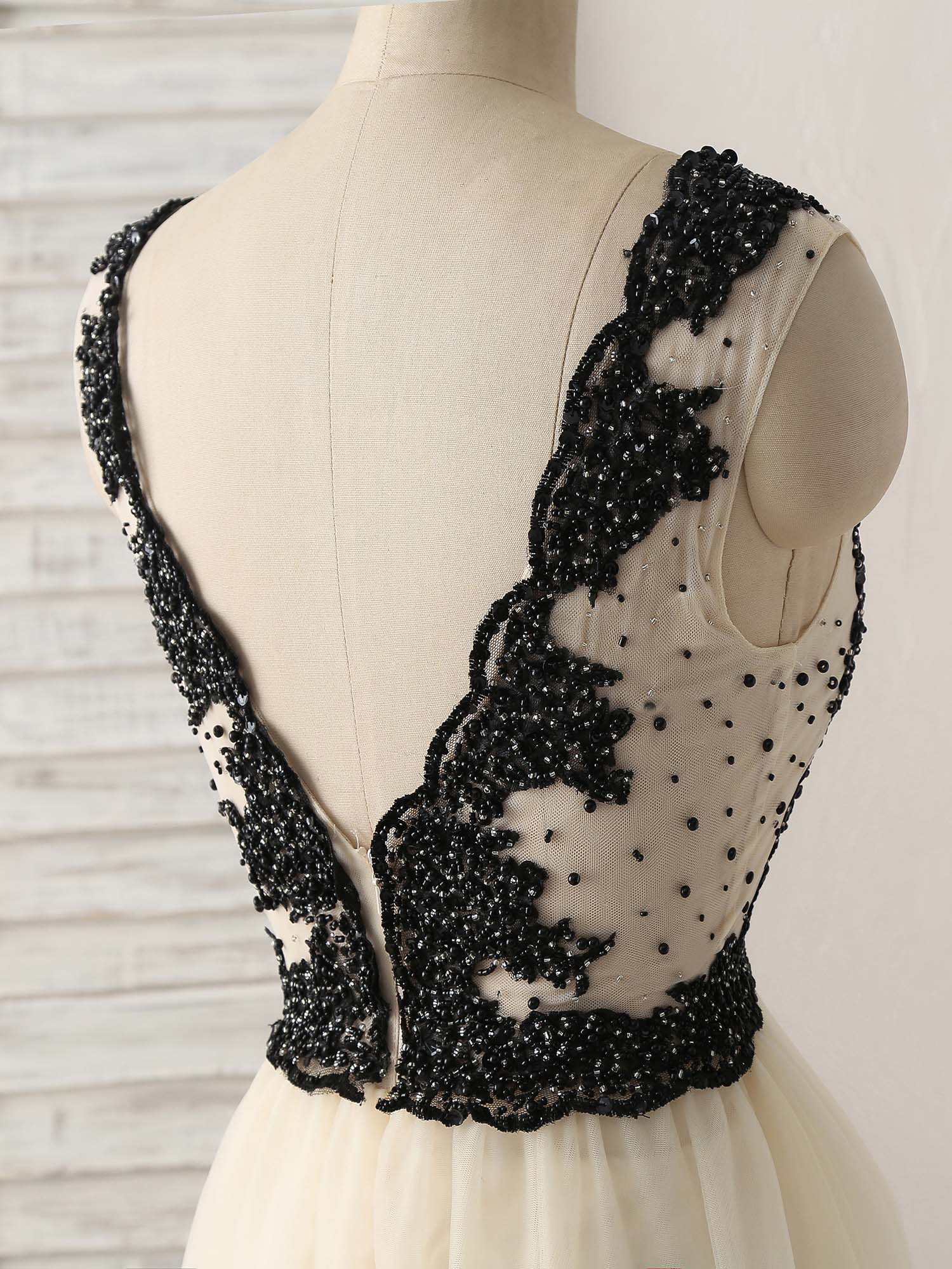 A-Line Deep V-Neck Floor-Length Tulle Prom Dress with Beaded Lace Bodice