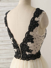 A-Line Deep V-Neck Floor-Length Tulle Prom Dress with Beaded Lace Bodice