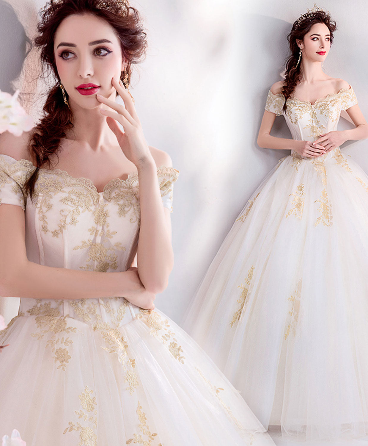 A-Line Off-the-Shoulder Sweetheart Floor-Length Ivory Tulle Gold Lace Appliqué Prom Dress