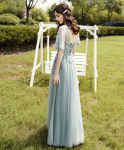 A-Line Illusion Neck Floor-Length Sage Green Tulle Lace Prom Dress with Delicate Floral Appliqué