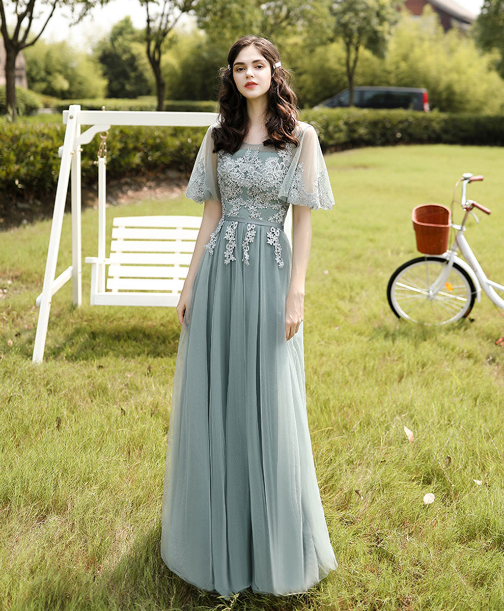 A-Line Illusion Neck Floor-Length Sage Green Tulle Lace Prom Dress with Delicate Floral Appliqué