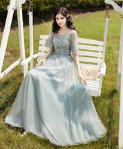 A-Line Illusion Neck Floor-Length Sage Green Tulle Lace Prom Dress with Delicate Floral Appliqué