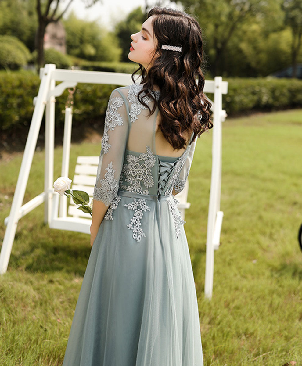 A-Line Illusion Neck Floor-Length Sage Green Tulle Lace Prom Dress with Delicate Floral Appliqué