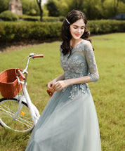 A-Line Illusion Neck Floor-Length Sage Green Tulle Lace Prom Dress with Delicate Floral Appliqué