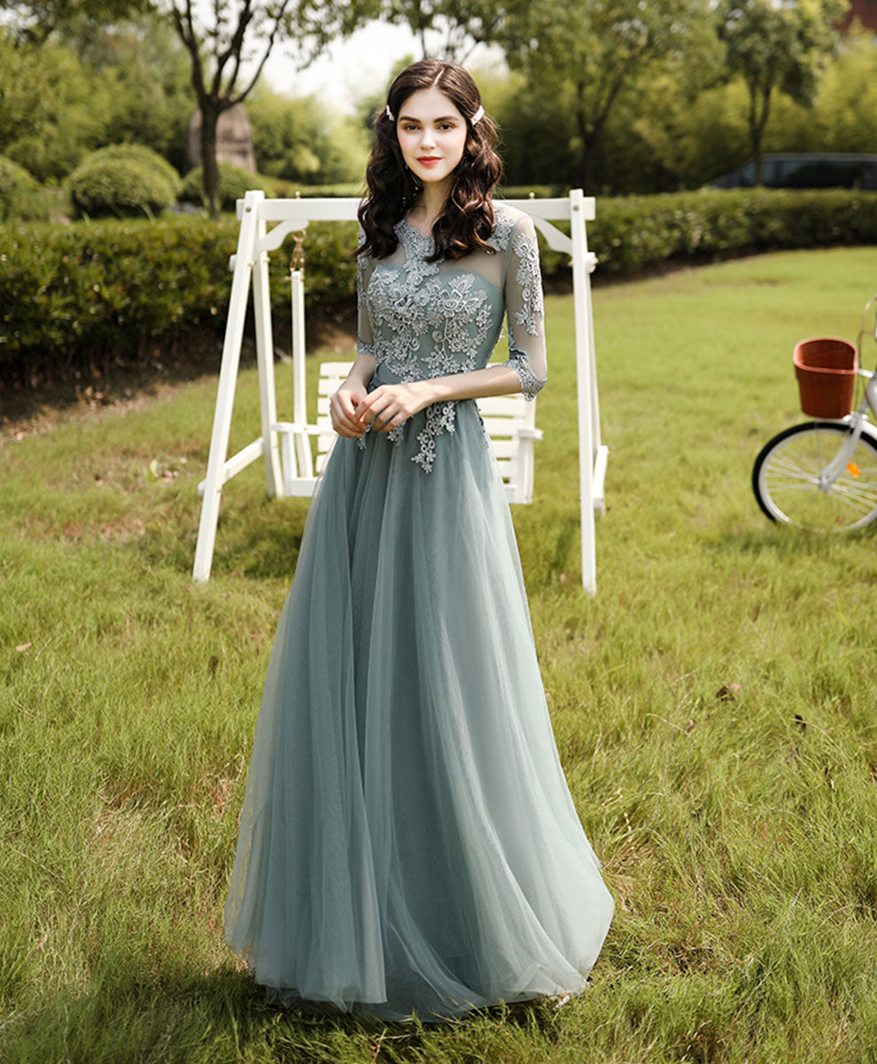 A-Line Illusion Neck Floor-Length Sage Green Tulle Lace Prom Dress with Delicate Floral Appliqué