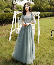 A-Line Illusion Neck Floor-Length Sage Green Tulle Lace Prom Dress with Delicate Floral Appliqué