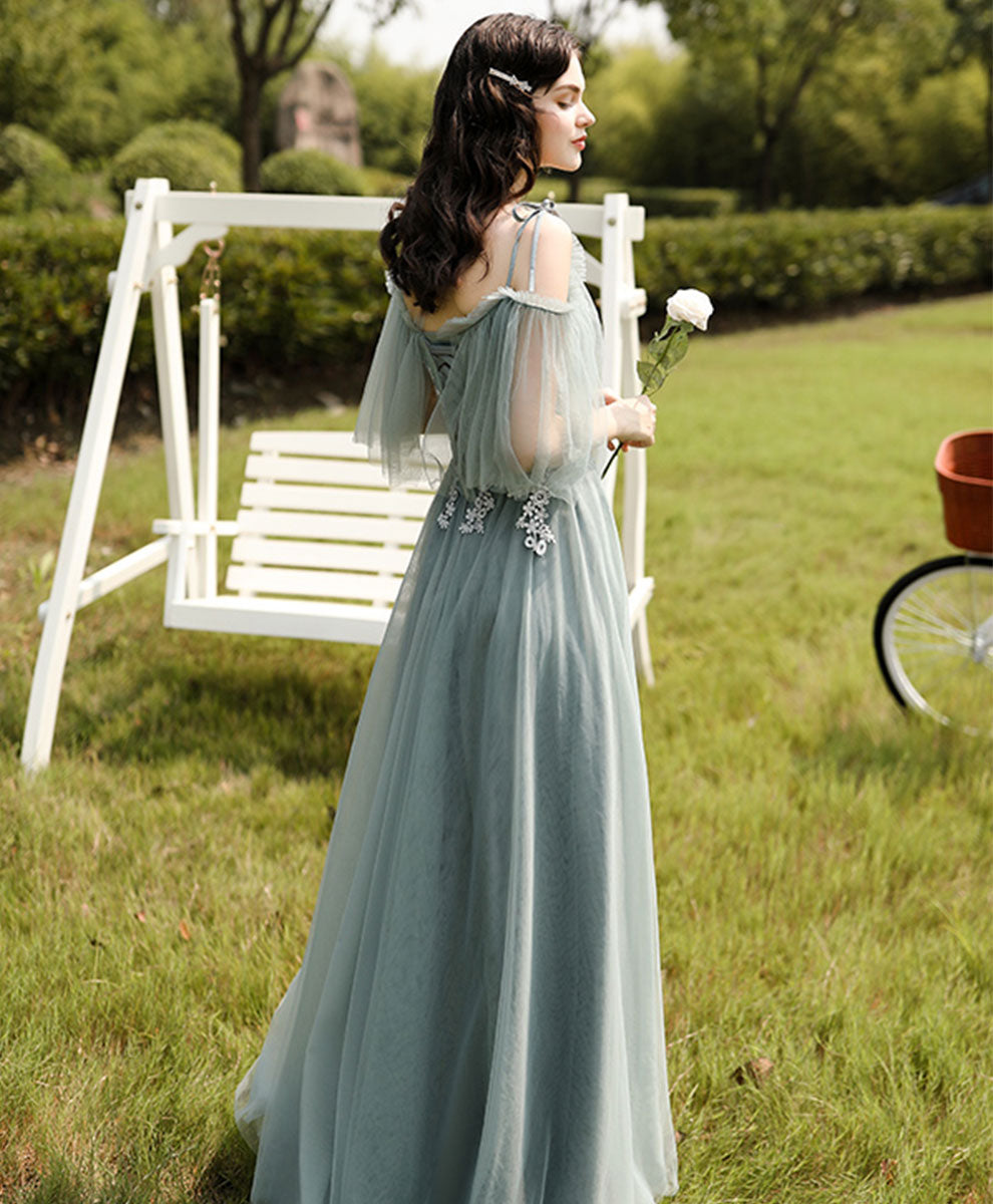 A-Line Illusion Neck Floor-Length Sage Green Tulle Lace Prom Dress with Delicate Floral Appliqué