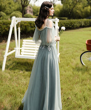 A-Line Illusion Neck Floor-Length Sage Green Tulle Lace Prom Dress with Delicate Floral Appliqué