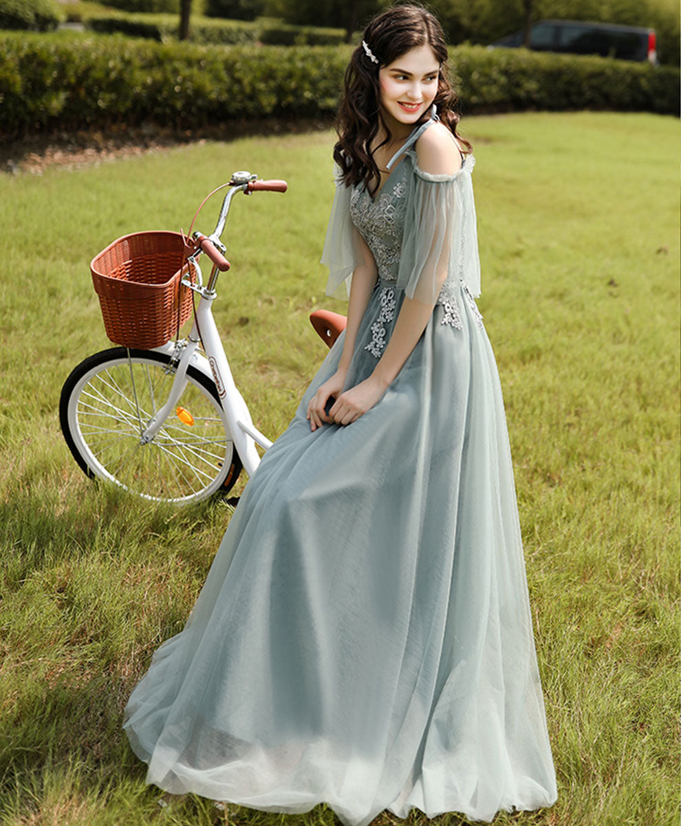A-Line Illusion Neck Floor-Length Sage Green Tulle Lace Prom Dress with Delicate Floral Appliqué