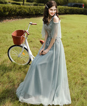 A-Line Illusion Neck Floor-Length Sage Green Tulle Lace Prom Dress with Delicate Floral Appliqué