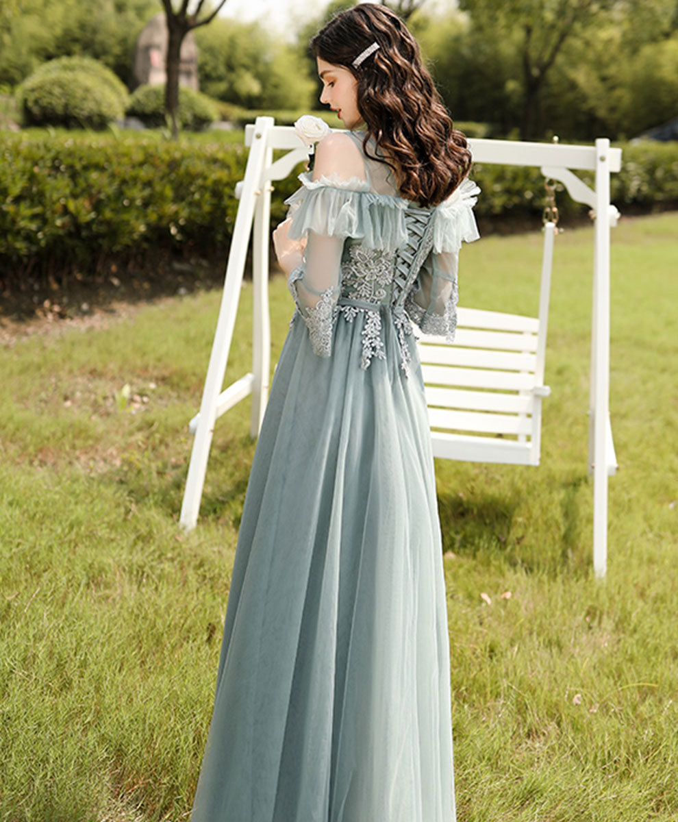 A-Line Illusion Neck Floor-Length Sage Green Tulle Lace Prom Dress with Delicate Floral Appliqué