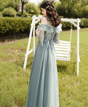 A-Line Illusion Neck Floor-Length Sage Green Tulle Lace Prom Dress with Delicate Floral Appliqué