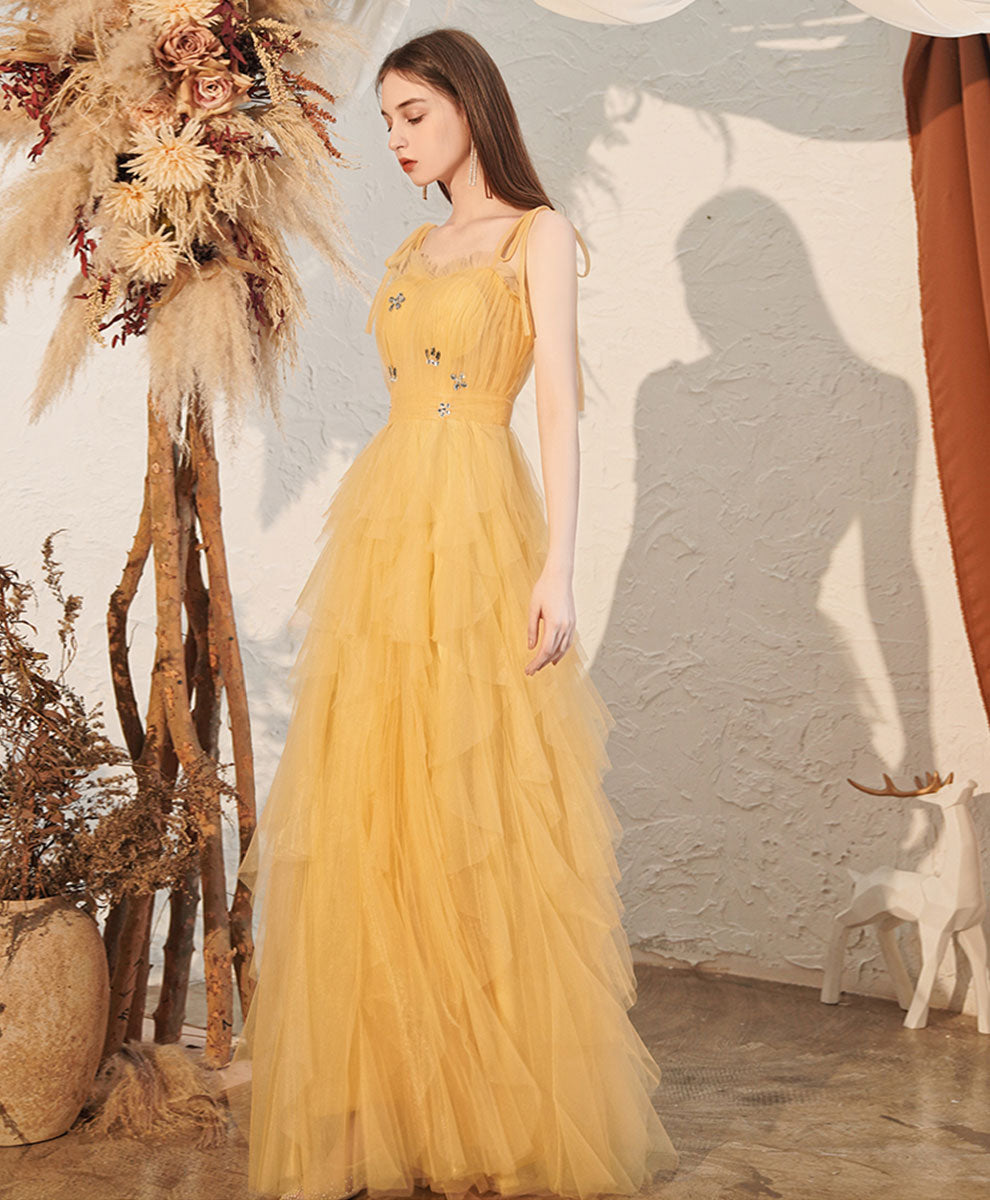 A-Line Yellow V Neck Floor-Length Tulle Prom Dress with Tiered Ruffle Skirt