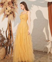 A-Line Yellow V Neck Floor-Length Tulle Prom Dress with Tiered Ruffle Skirt