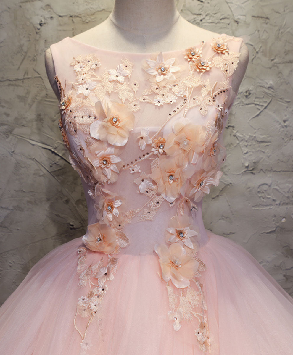 Ball Gown Scoop Neck Floor-Length Blush Tulle Prom Dress with 3D Floral Lace Appliqué