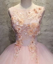 Ball Gown Scoop Neck Floor-Length Blush Tulle Prom Dress with 3D Floral Lace Appliqué