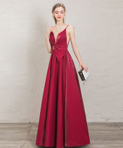 A-Line Burgundy V-Neck Floor-Length Satin Prom Dress with Draped Waist Detail