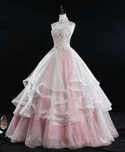A-Line Blush Pink Illusion Neck Floor-Length Tulle Lace Prom Dress with Tiered Ruffle Skirt