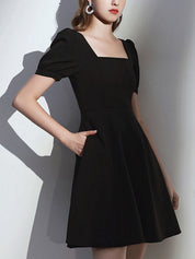 A-Line Square Neck Knee-Length Black Chiffon Homecoming Dress with Puff Sleeves