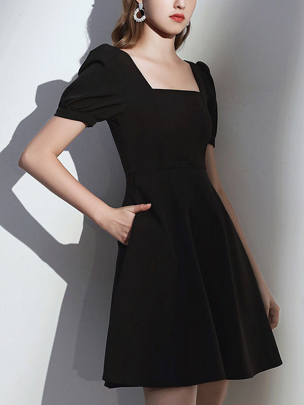 A-Line Square Neck Knee-Length Black Chiffon Homecoming Dress with Puff Sleeves
