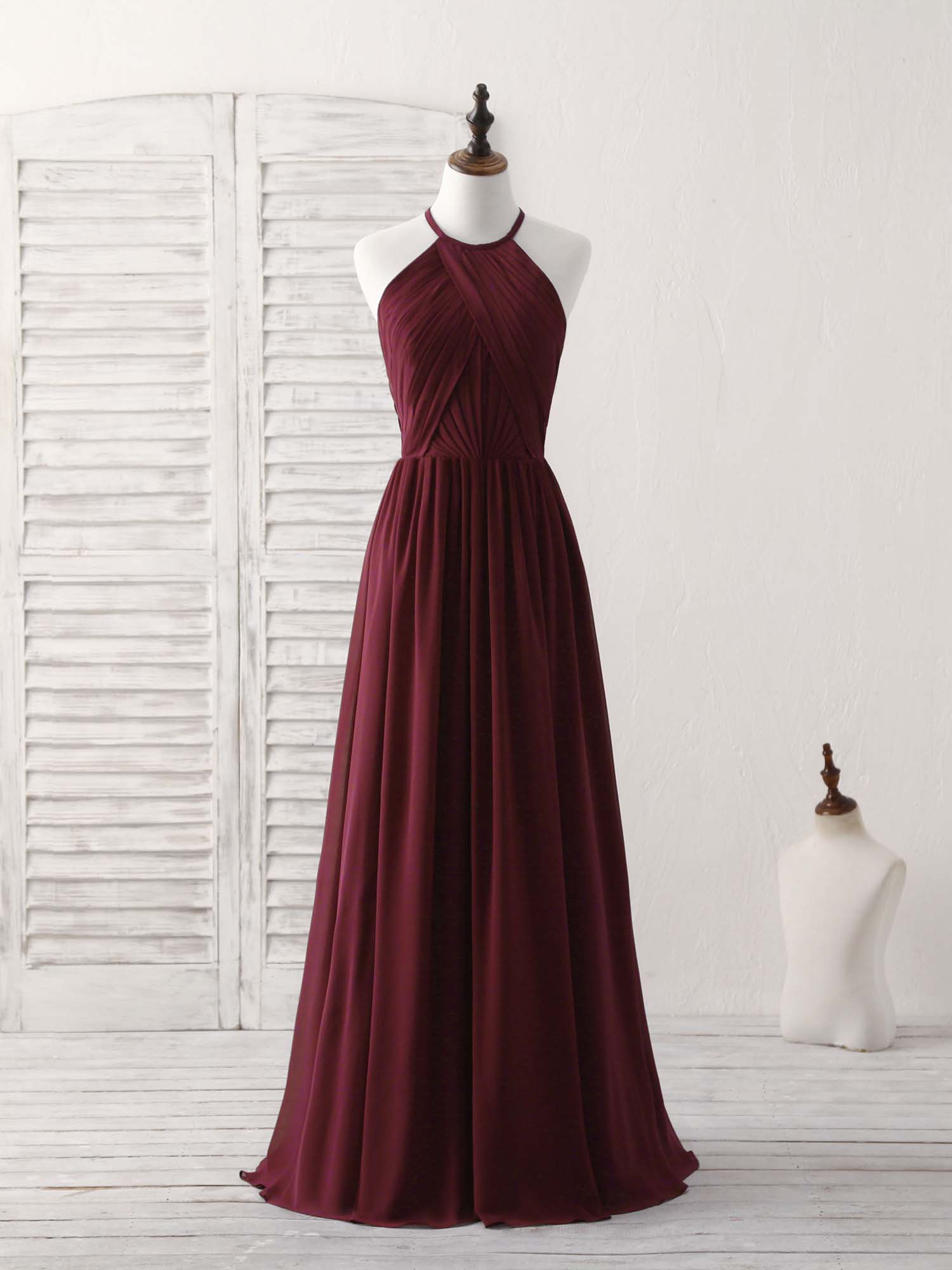 A-Line Halter Neck Floor-Length Chiffon Prom Dress with Cross-Pleated Bodice