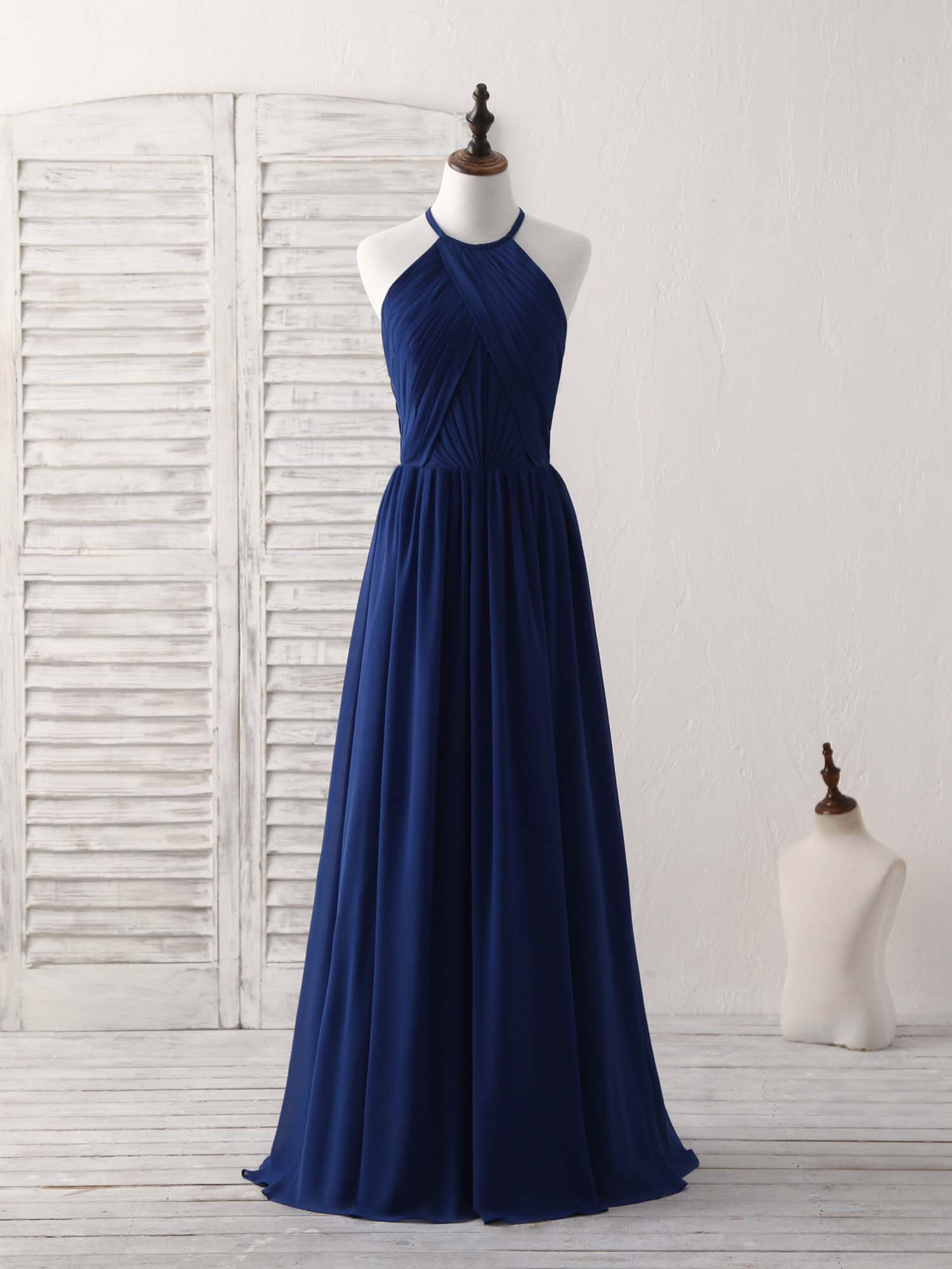 A-line Halter Neck Floor-Length Chiffon Prom Dress with Pleated Bodice