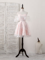 A-line Sweetheart Neck Short Tulle & Lace Homecoming Dress with Off-the-Shoulder Sleeves