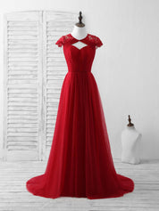 A-Line Keyhole Illusion Neck Floor-Length Tulle & Lace Prom Dress with Sheer Lace Sleeves
