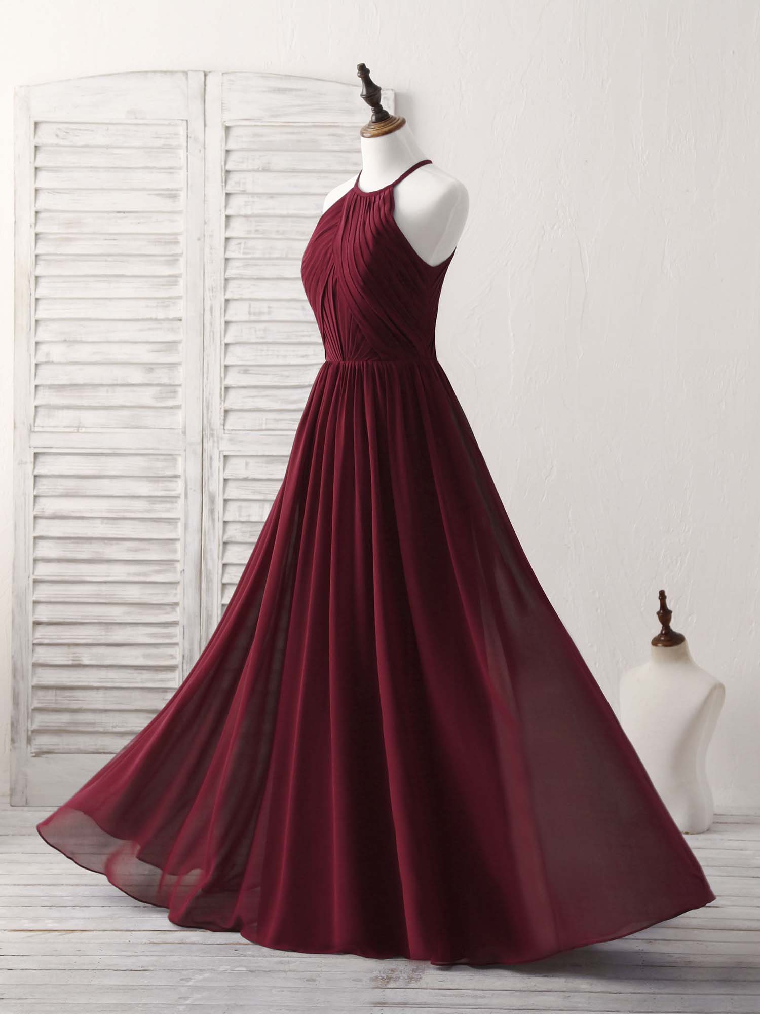 A-Line Halter Neck Floor-Length Chiffon Prom Dress with Cross-Pleated Bodice