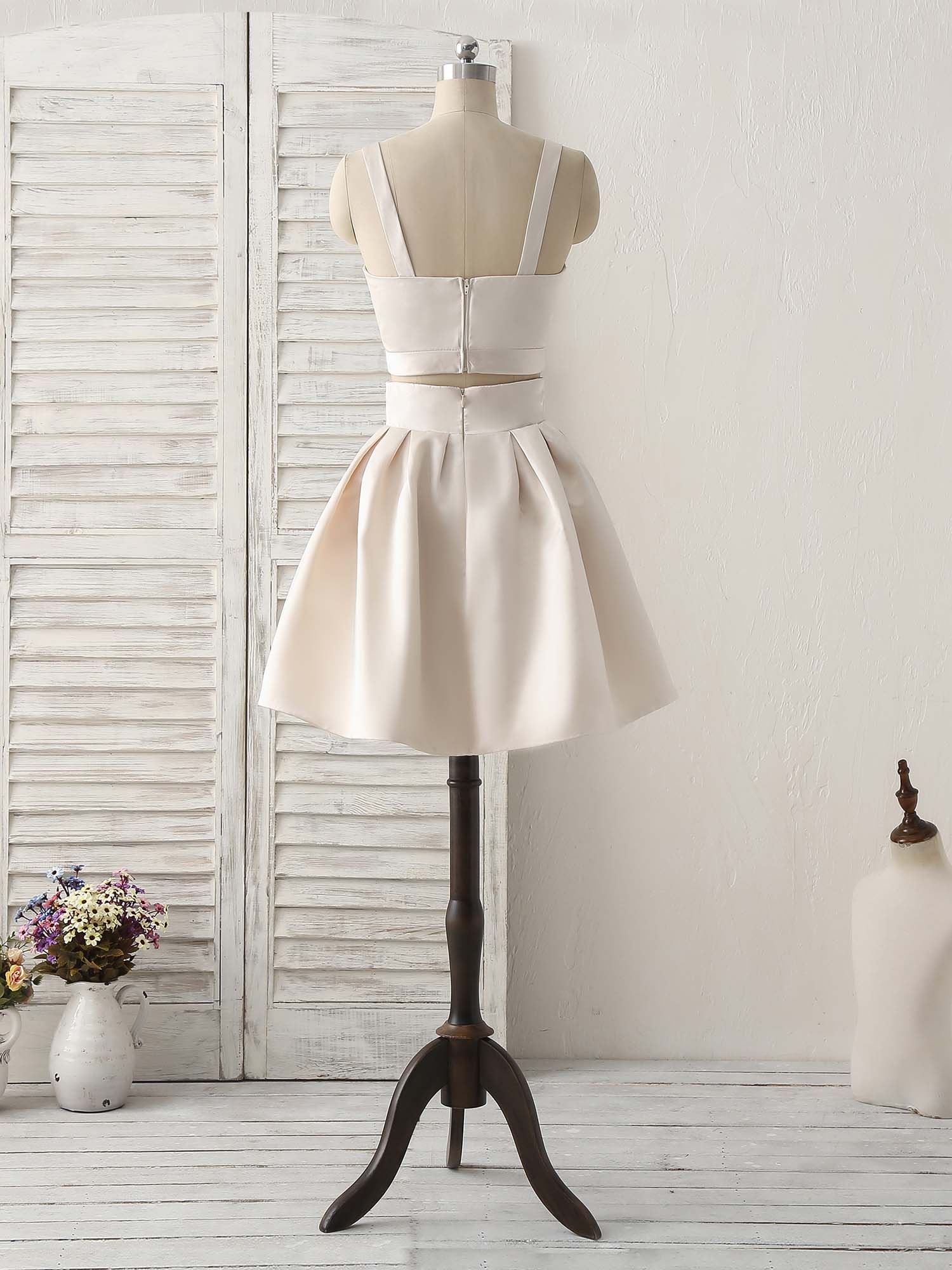 A-Line Scoop Neck Knee-Length Satin Two-Piece Homecoming Dress